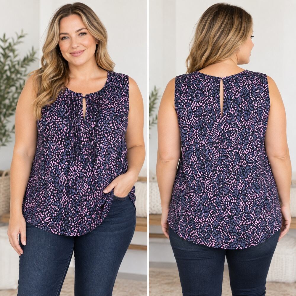 Daniel Rainn Plus Size 1X Sleeveless Blouse Purple Pink Tie Neck NWT